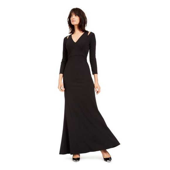 CALVIN KLEIN Womens Black 3/4 Sleeve V Neck Maxi Evening Fit + Flare Dress 8 - Picture 1 of 2